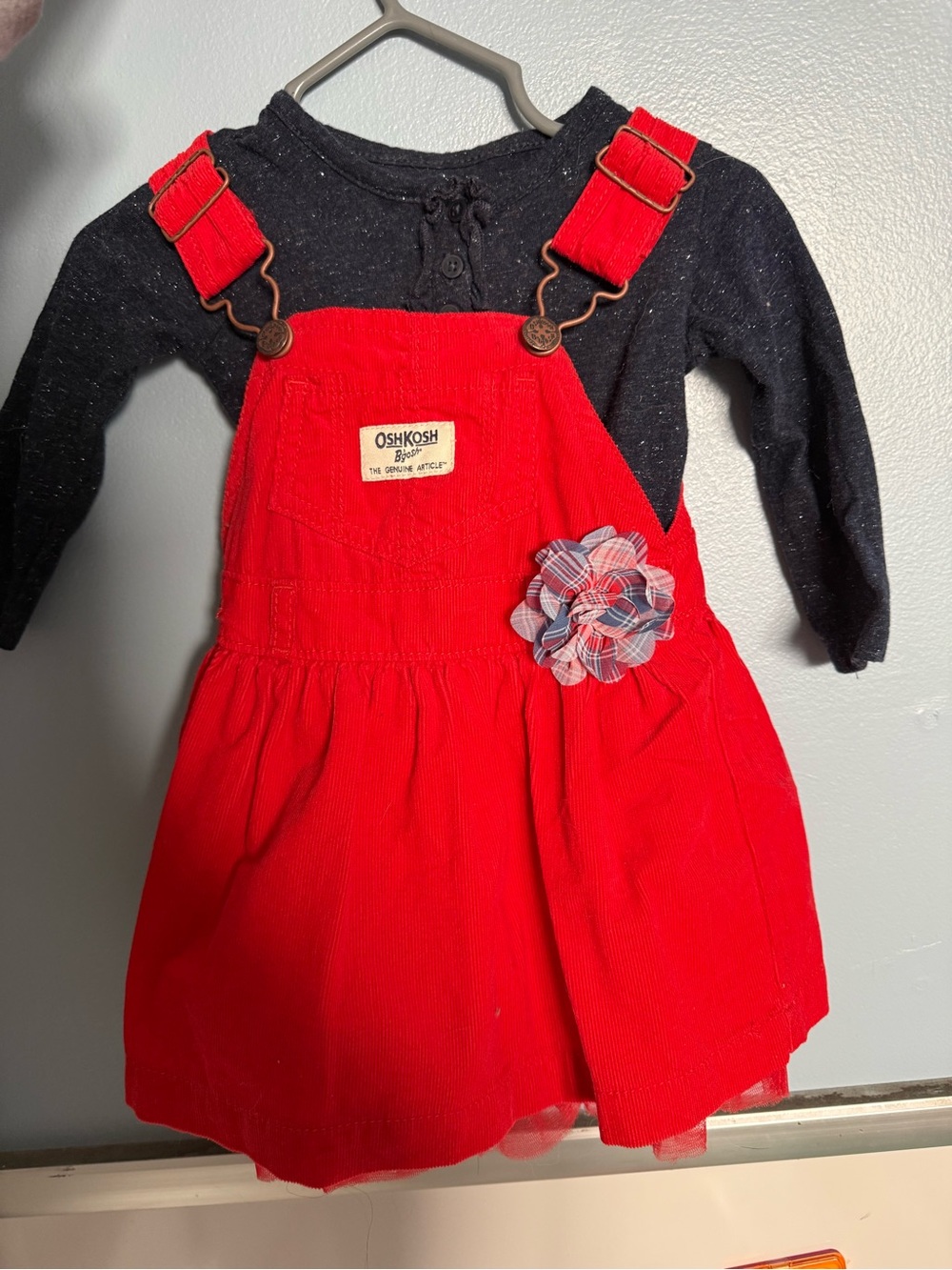 OshKosh B'gosh Red Corduroy Overall Dress with Plaid Flower